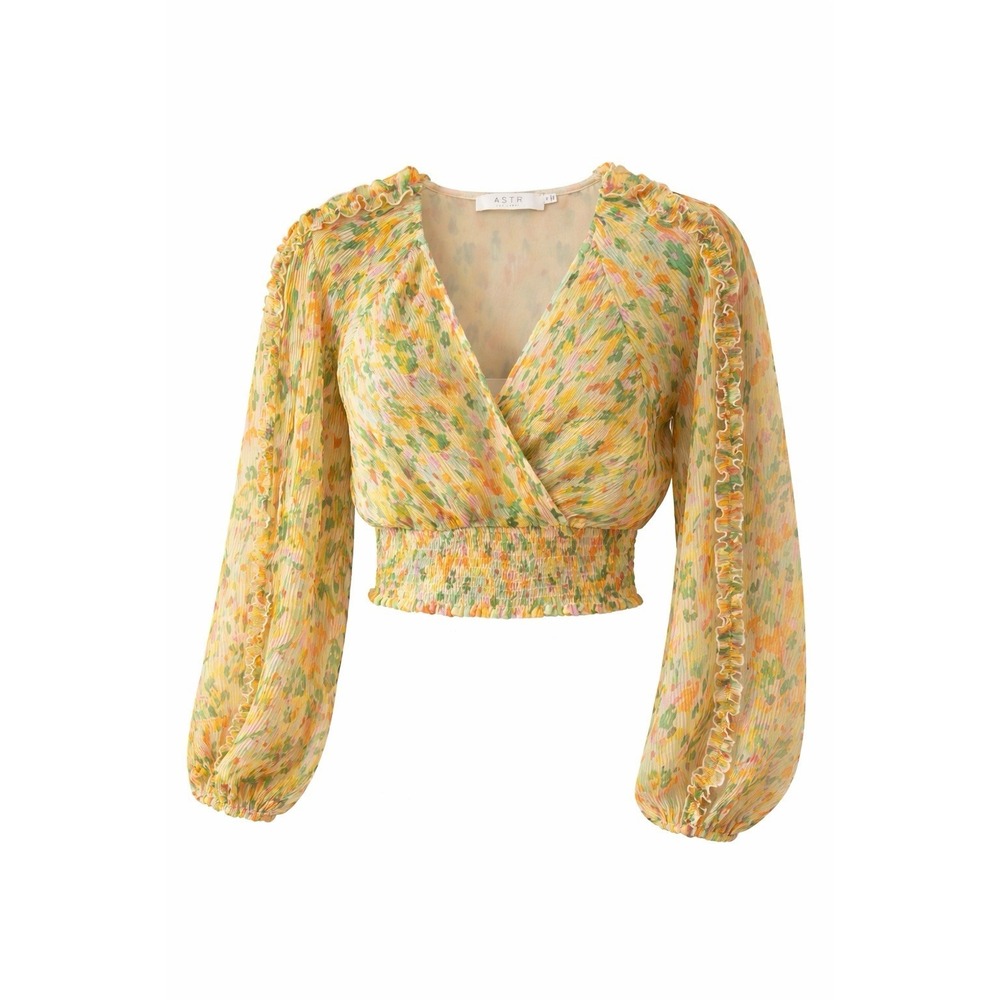 ASTR Bellona Floral Plisse Top Boho Smocked Ruffle Sheer Blouse Fairy Ethereal M